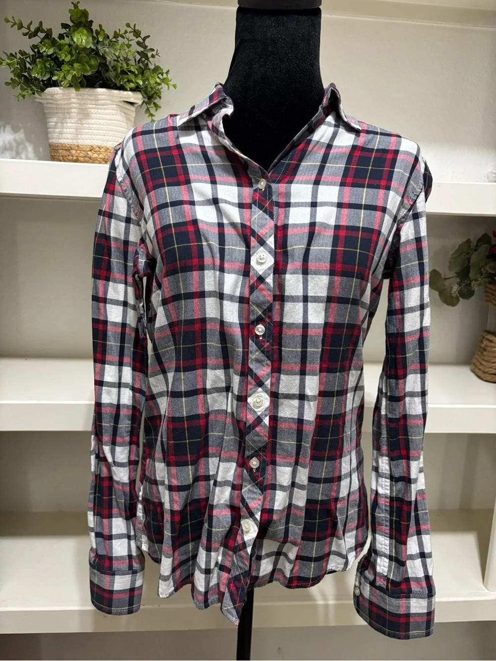 Banana Republic Navy, White & Red Plaid Button-Down Shirt